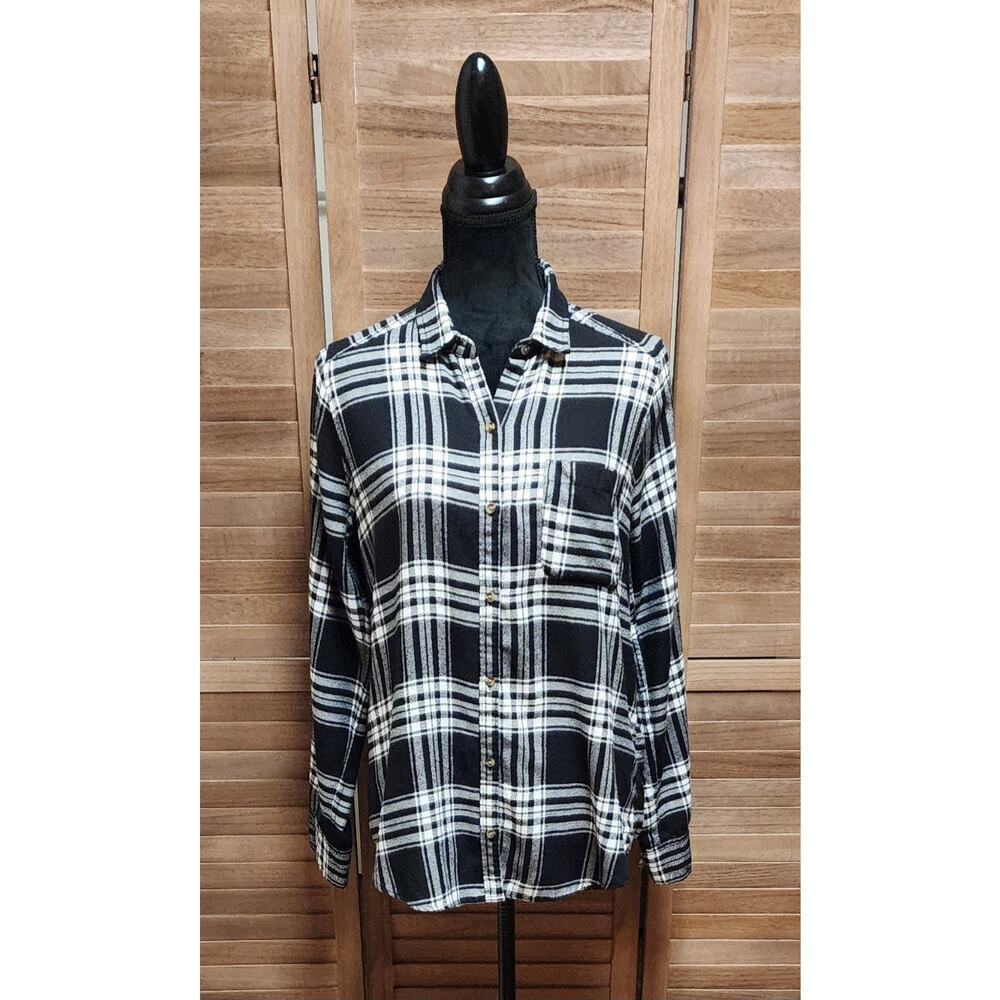 Hollister Black White Plaid Button Down Shirt Women's Boyfriend Fit Size Medium